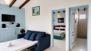 Une chambre à coucher avec un lit, une télévision, un bureau et une chaise.