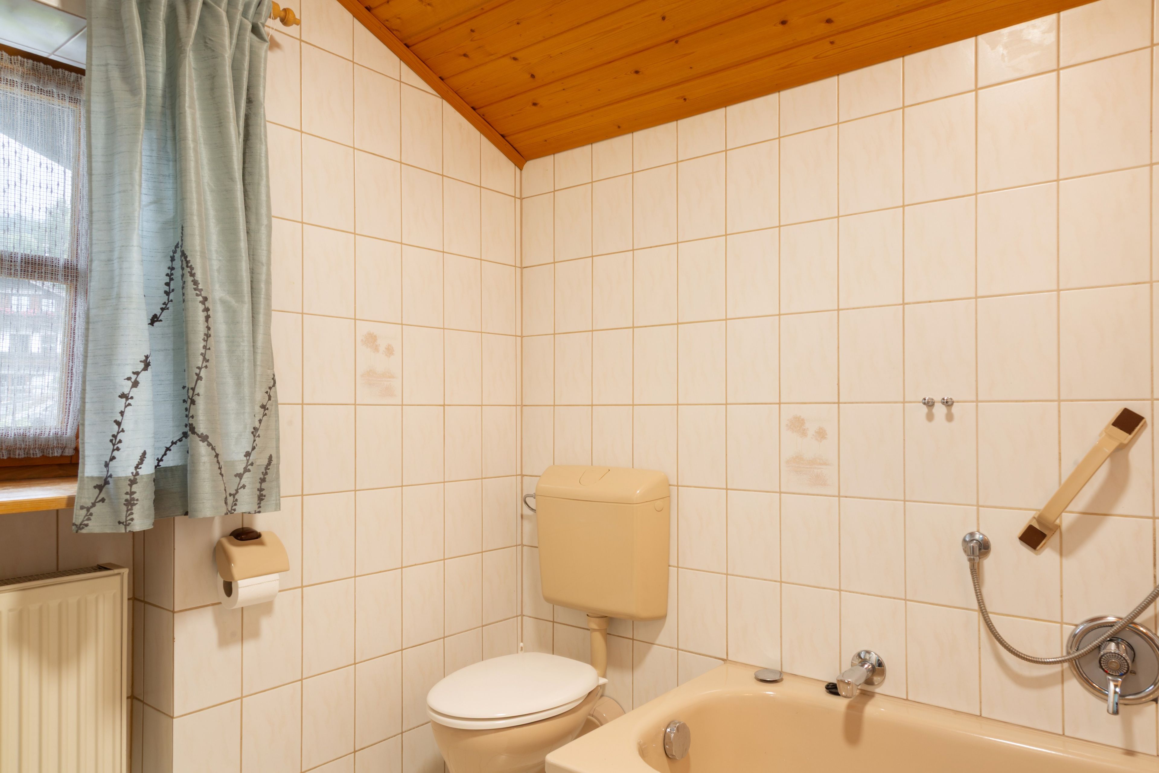 A bathroom with a toilet, a bathtub, and a shower.