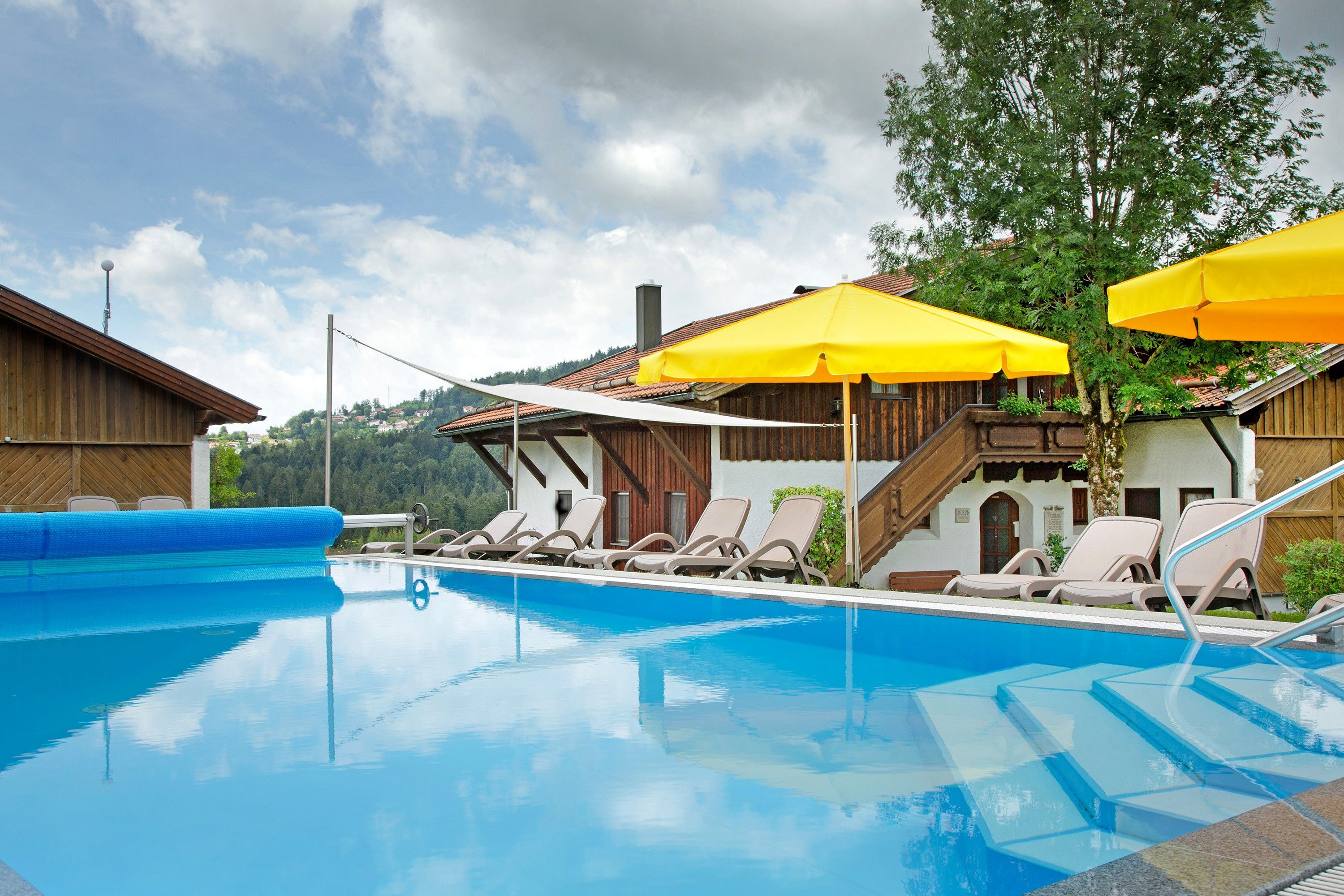 Ein Swimmingpool mit Liegestühlen und gelben Sonnenschirmen, umgeben von Gebäuden mit Holzfassaden und Blick auf einen bewaldeten Hügel.