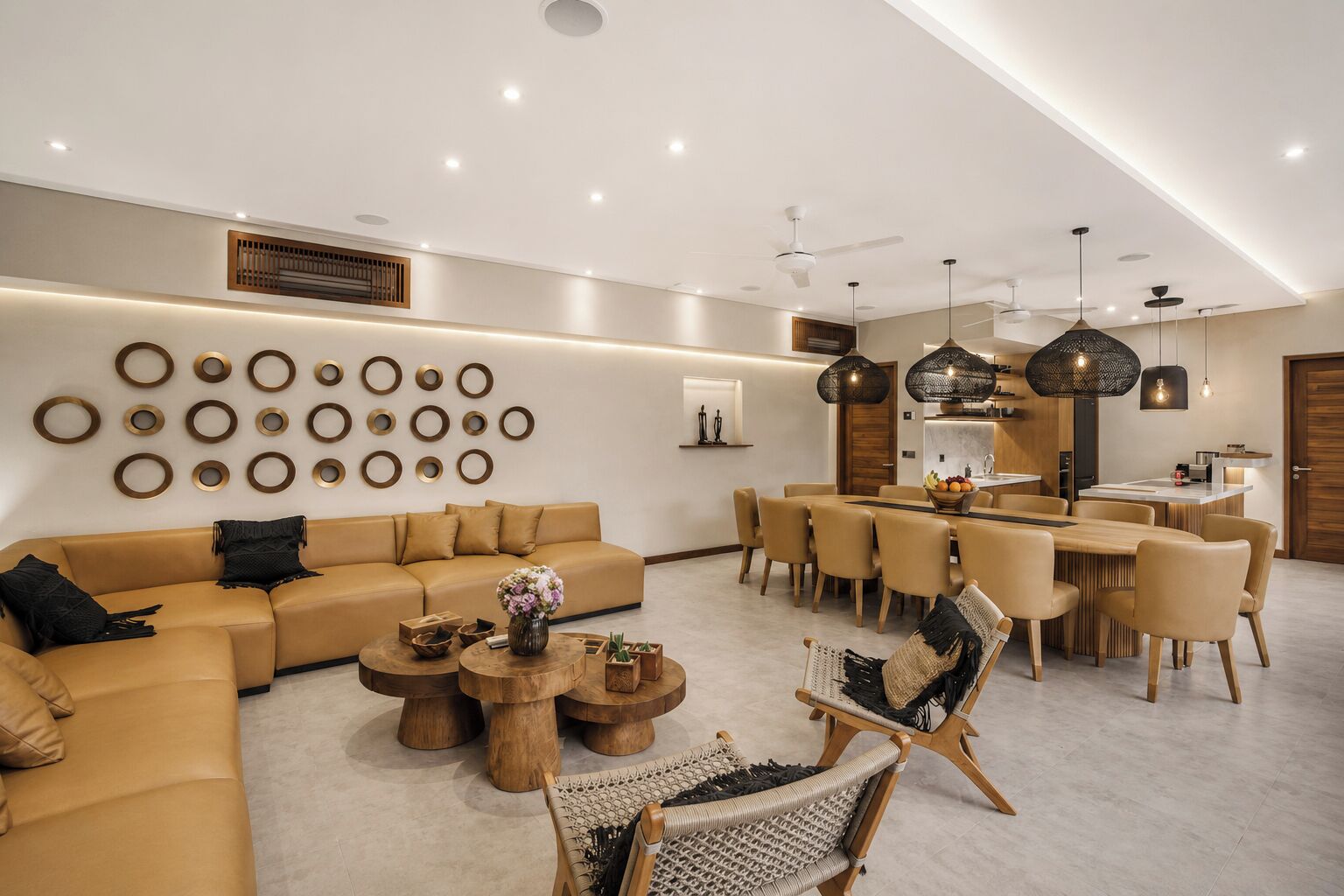 A modern living room with a sofa, coffee table, and dining area with chairs and a table.