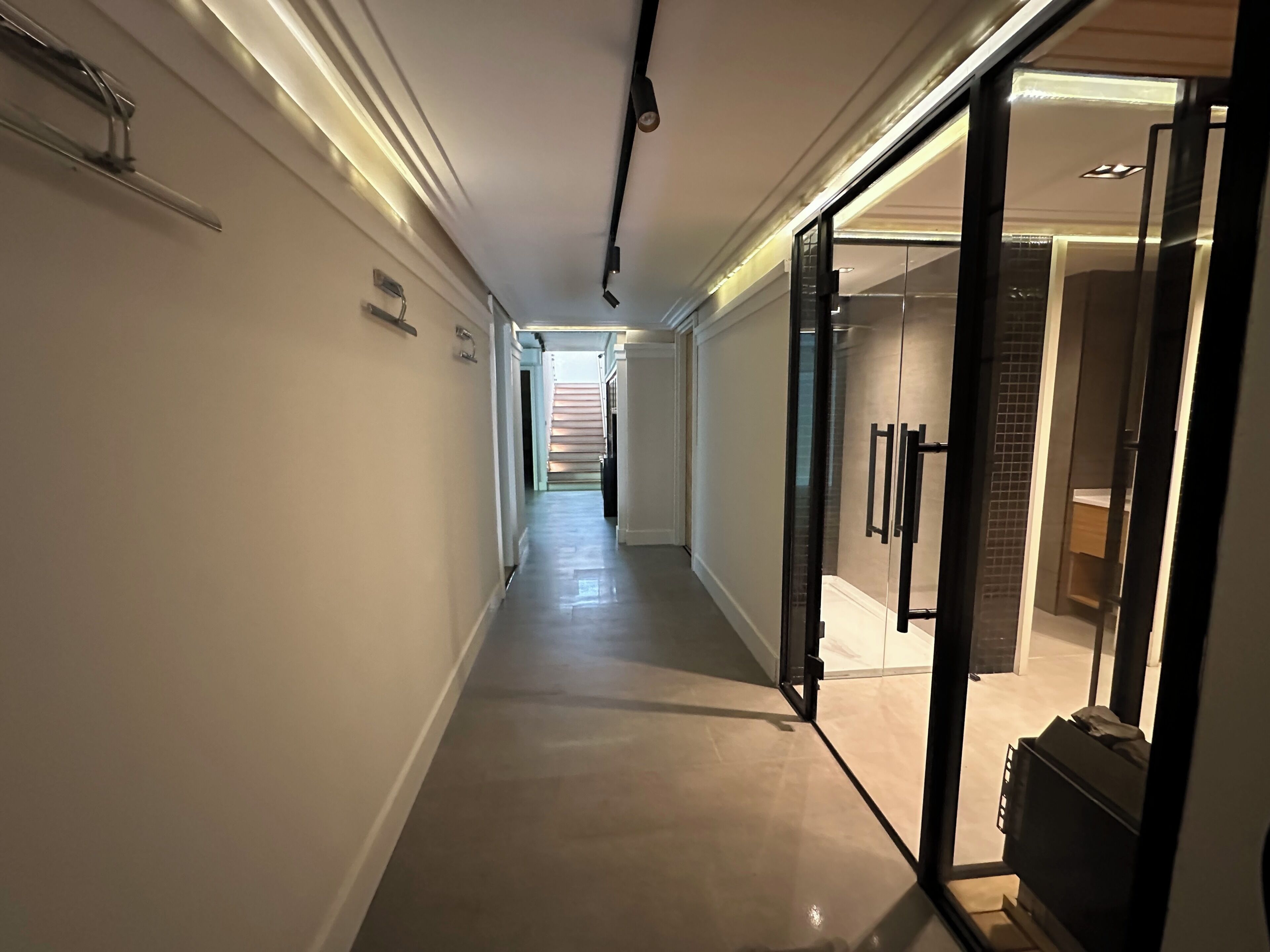 En hall med en glasdörr som leder till ett badrum, en lampa i taket och en dörr längst ner i hallen.