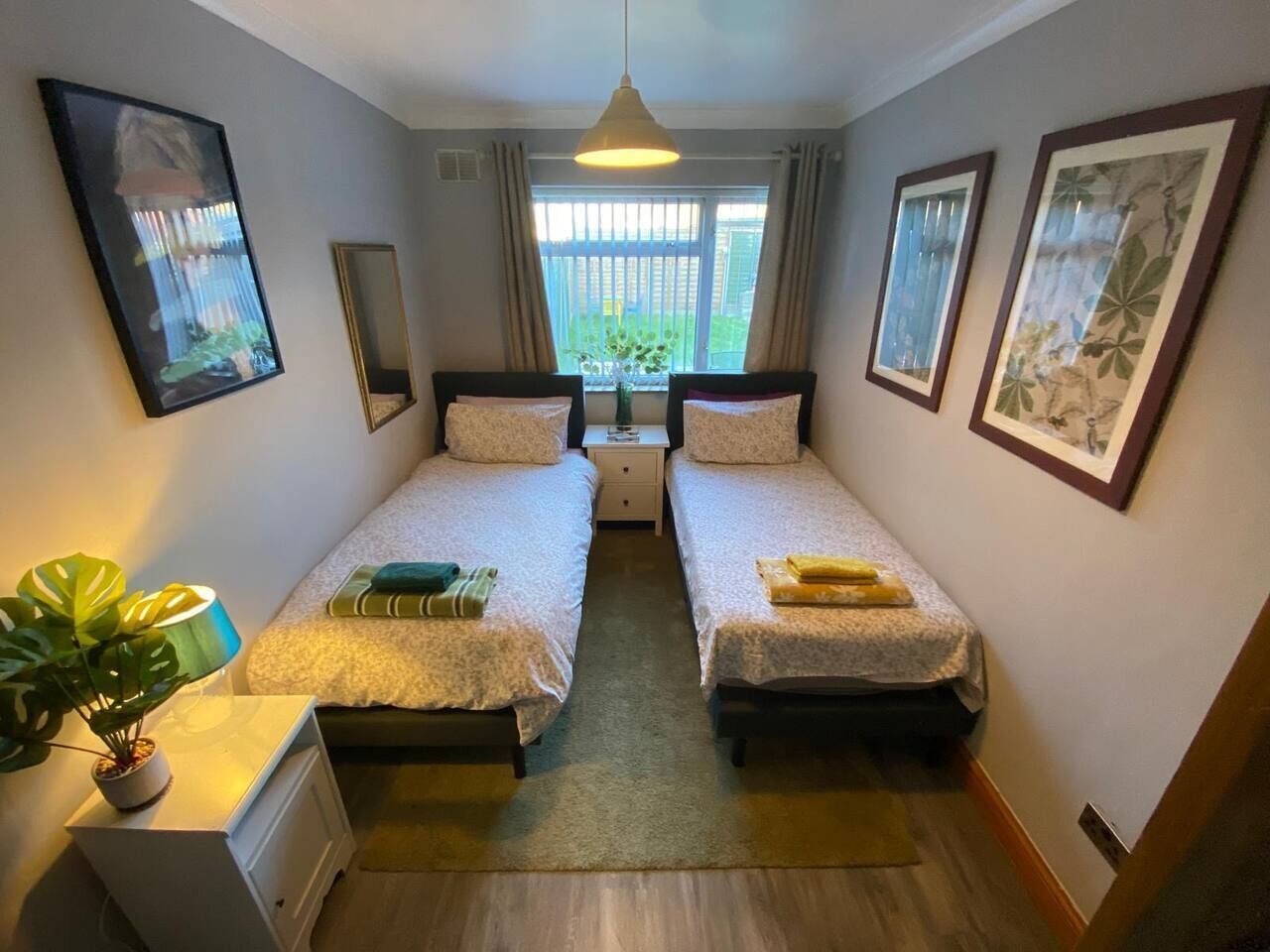 A room with two beds, a bedside table, a potted plant, and a window with curtains.