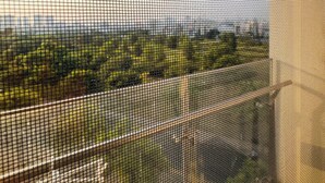 A view through a window with a mesh screen, displaying a landscape with greenery and a clear sky. - Green Valley EmHouse (Ho Chi Minh City)