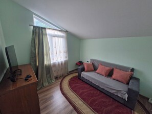 A room with a sofa, a television, and a desk. - cozy house with stunning views of the Aragvi Valley (Ananuri)