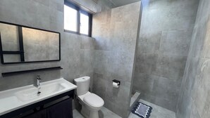 A bathroom with a sink, toilet, and shower area. - Apartment in siavonga (Siavonga)