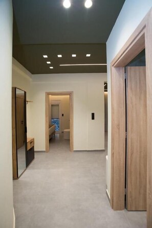 Un couloir avec une porte en bois, un miroir et un luminaire au plafond.