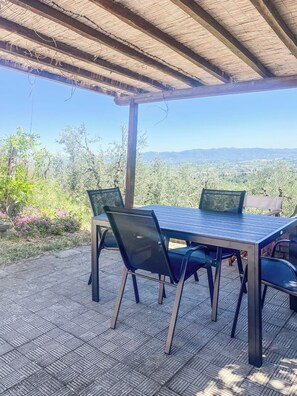 Une terrasse extérieure avec une table et des chaises, entourée de verdure et offrant une vue sur des montagnes lointaines.