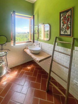 Une salle de bain avec un lavabo blanc, une fenêtre dont le volet est ouvert, une échelle en bois et un mur vert.