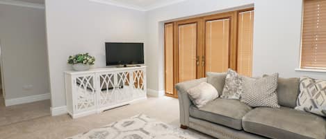 Un salon avec un canapé, un téléviseur posé sur un meuble blanc, un tapis à motifs et des portes coulissantes en bois.