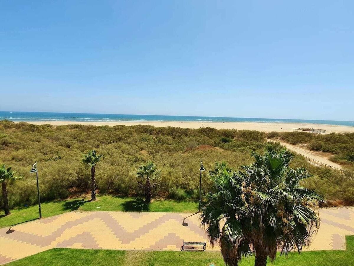 A beach view with a path leading to a bench, palm trees, and a clear sky.