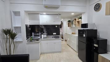 Fridge, microwave, stovetop, electric kettle