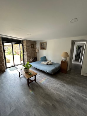 A spacious room with a bed, a table with a plant, and a view through a glass door to an outdoor area.