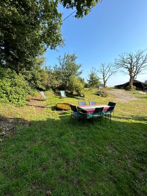 An outdoor seating area with a table and chairs, surrounded by trees and a grassy field.