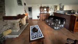 Ein Wohnzimmer mit Kamin, einer Steinkaminverkleidung, einem Couchtisch aus Holz mit einem gemusterten Läufer und einem Sofa mit gemustertem Bezug.