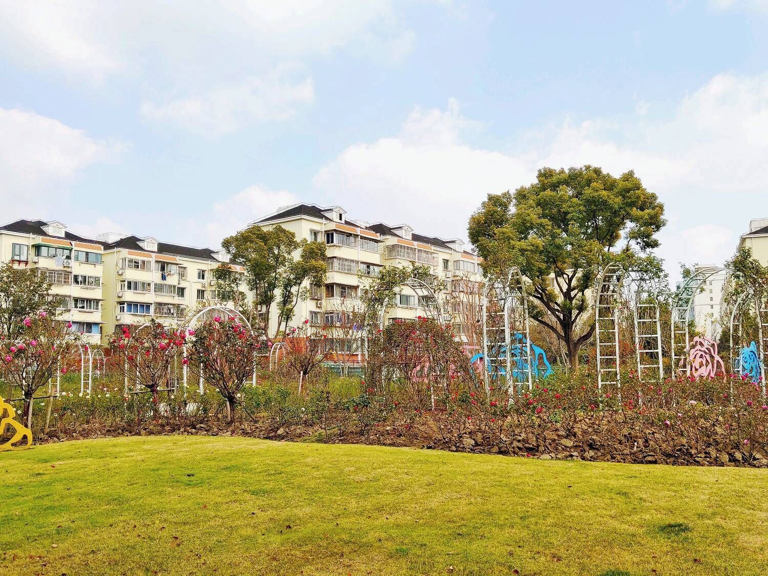 Um bairro residencial com edifícios altos, gramado e árvores.