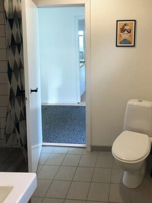 Un baño con inodoro, zona de ducha y puerta que da a otra habitación.