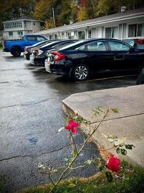 A row of parked cars in a parking lot with a motel in the background.