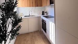 Una cocina compacta con un mueble de madera, un lavabo y una estufa.