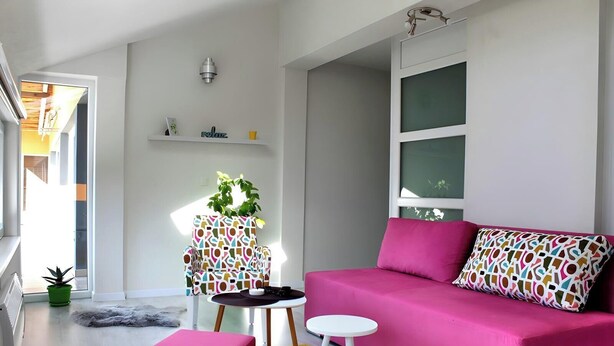A modern living room with a pink sofa, a patterned armchair, a small round table, and a potted plant.