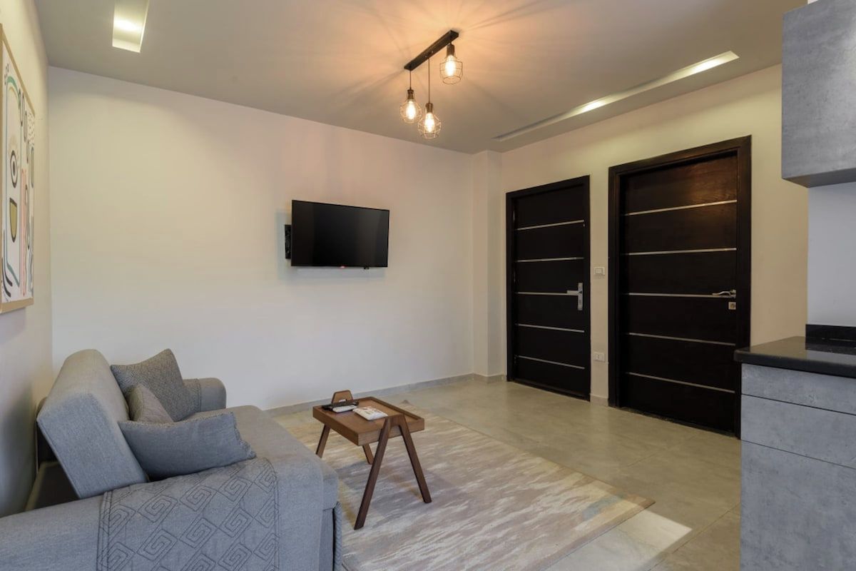 A modern living room with a sofa, a coffee table, a flat-screen TV, and two black sliding doors.