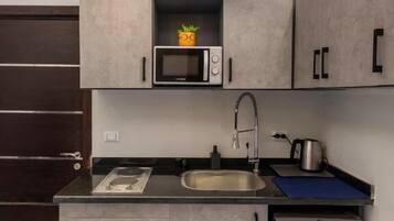 Cocina compacta con microondas, lavamanos y refrigerador de acero inoxidable.