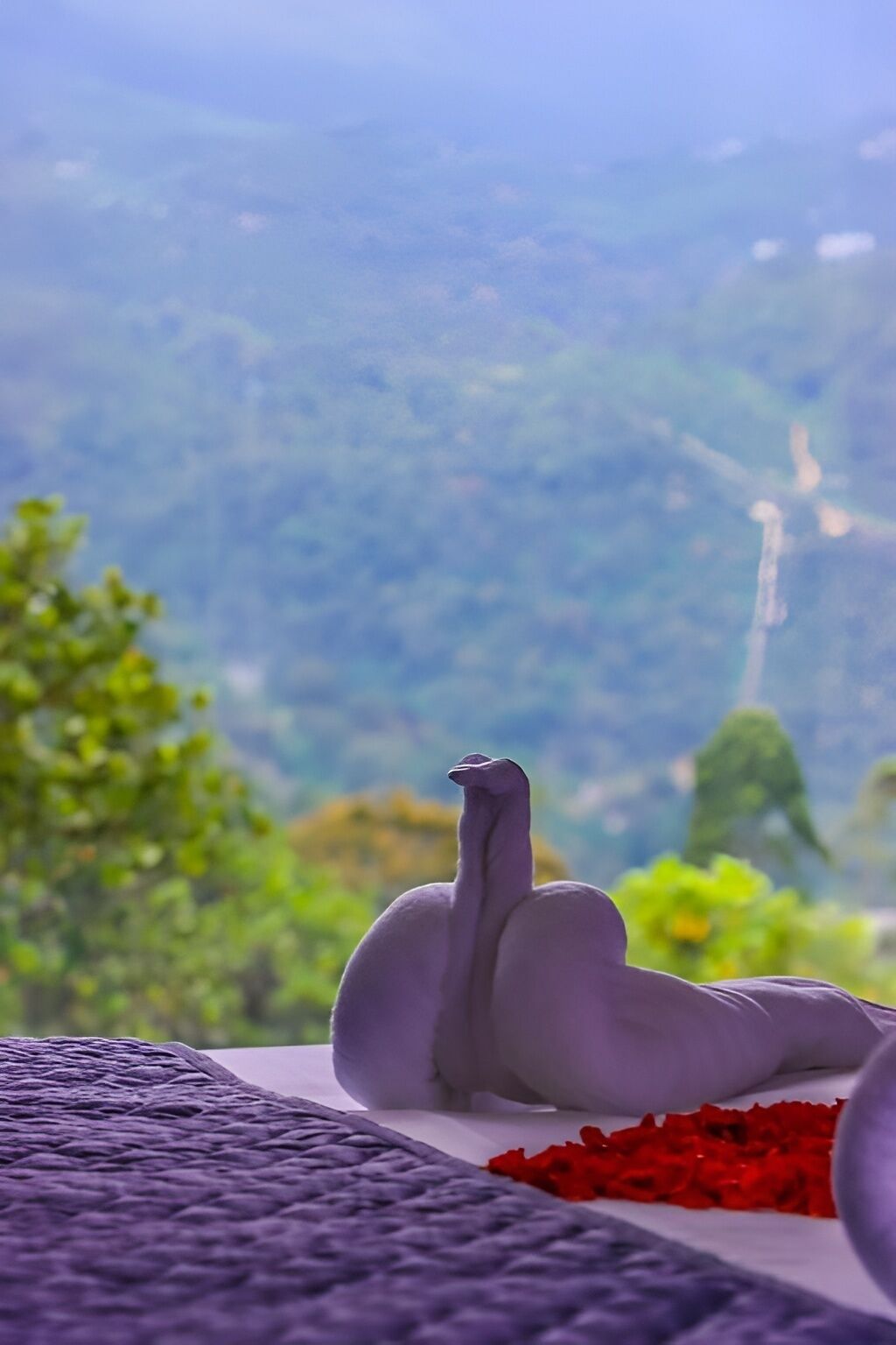 Un lit avec vue sur un paysage montagneux.