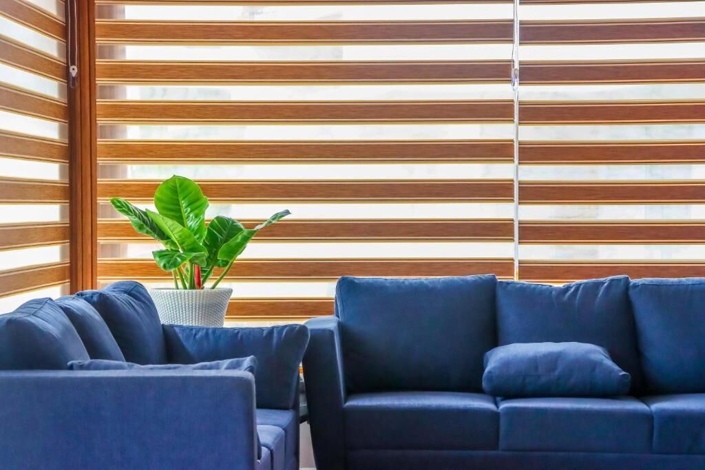 A room with a dark blue sofa, a potted plant, and horizontal blinds.