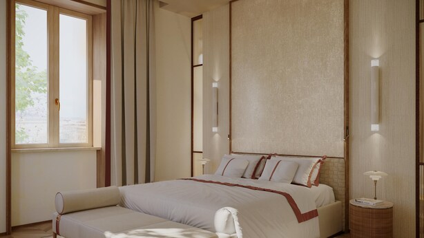 A modern bedroom with a large bed, a bedside table, and a window with curtains. - Palazzo Sanzio Rome, A Radisson Collection Hotel (Rome)