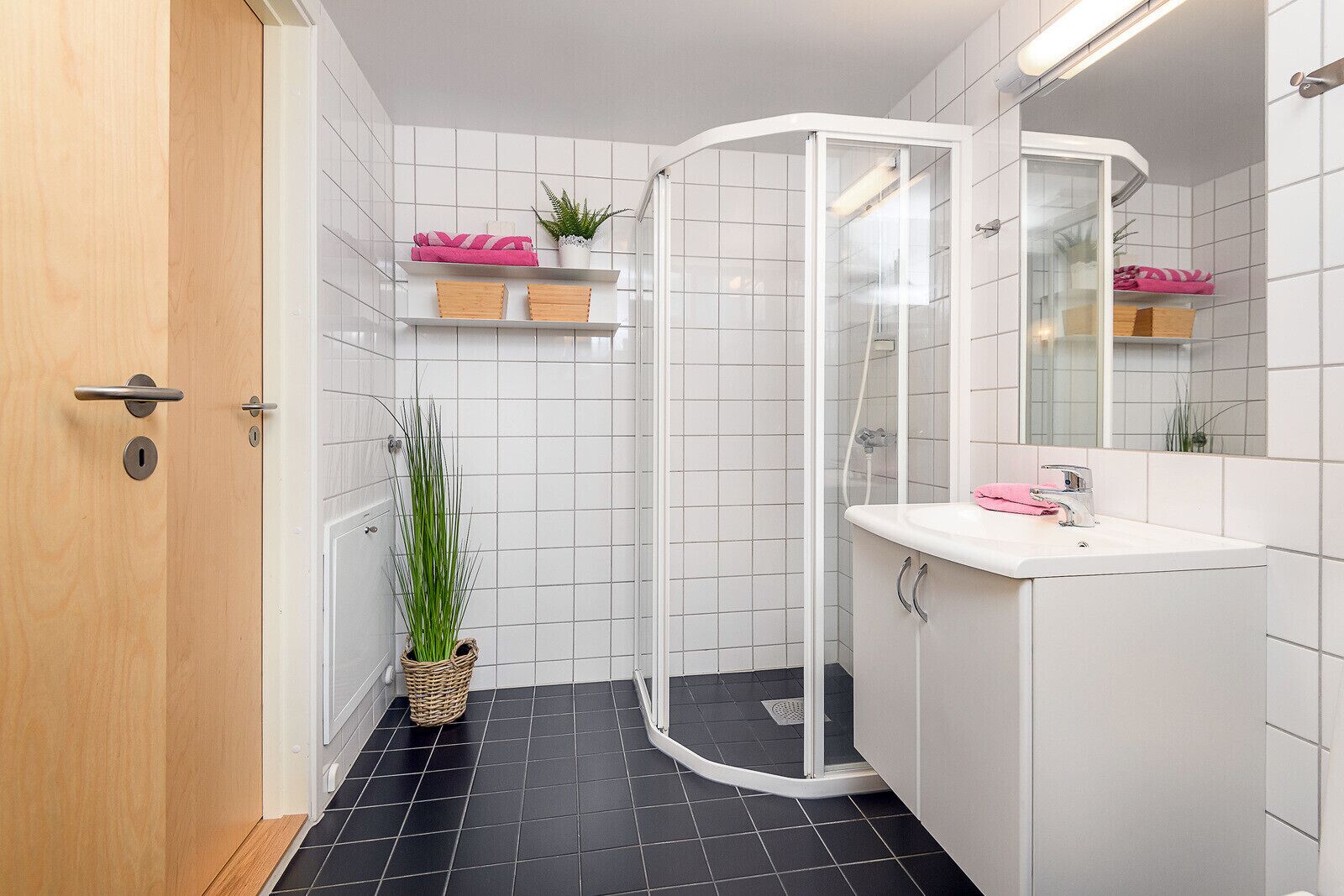 Dusj, hårføner og håndklær