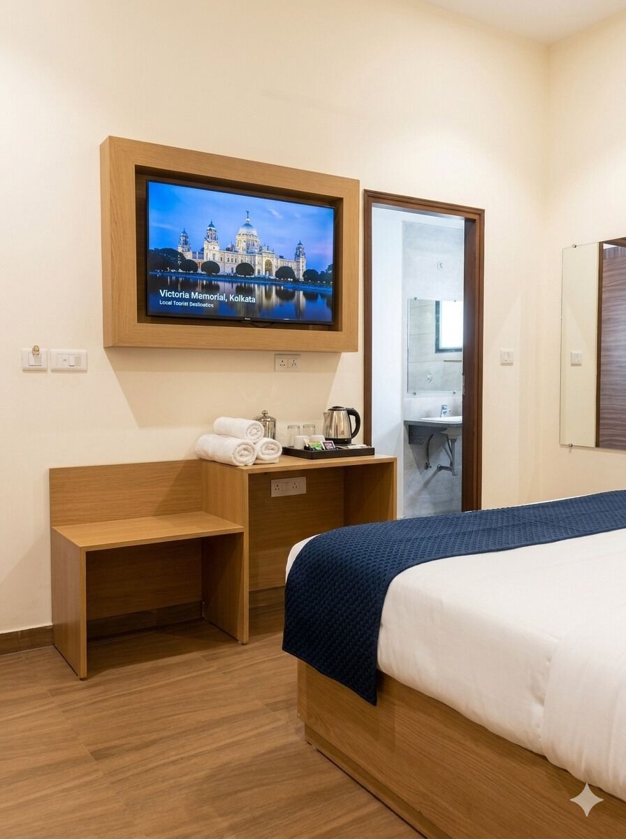 Une chambre d’hôtel avec un lit, un téléviseur fixé au mur, un bureau avec une chaise, une petite table avec des serviettes et une bouilloire, et une salle de bain visible à travers une porte ouverte.