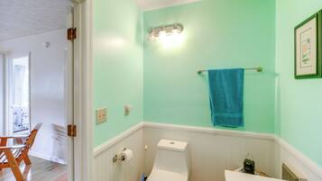 A bathroom with a toilet, a sink, a towel rack with a towel, and a light fixture.