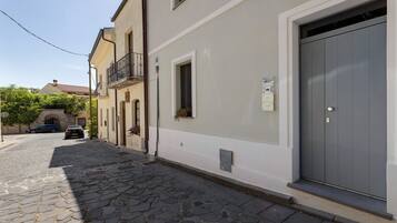 A narrow cobblestone street with buildings on either side, a grey door on the right, and a car parked on the left.