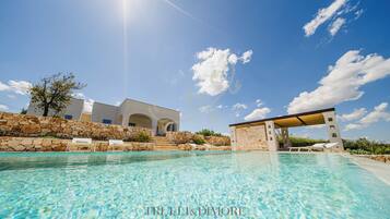 Seasonal outdoor pool, sun loungers