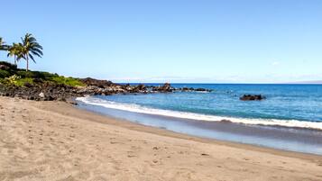 A sandy beach with clear blue water, rocky outcrops, and a palm tree.