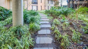 Een pad dat door een tuin slingert, met betonnen pilaren, omringd door groen en een gebouw met grote ramen.