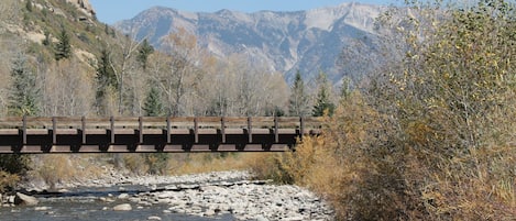 Un pont enjambant une rivière aux rives rocheuses, avec des montagnes en arrière-plan.
