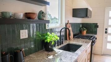 A kitchen with a double sink, a window above the sink, and a potted plant on the counter.