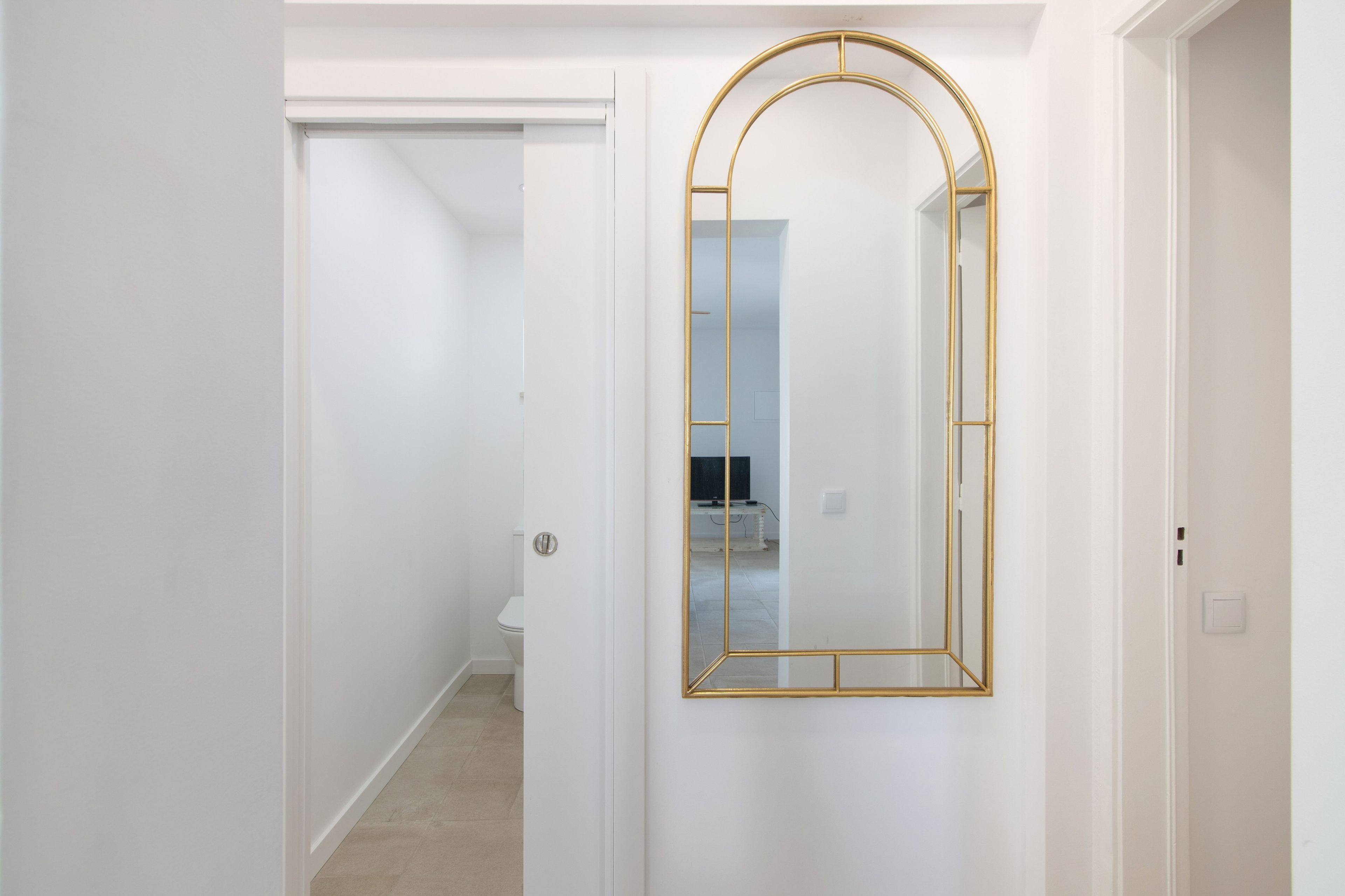 A hallway with a white door and a gold-framed mirror.