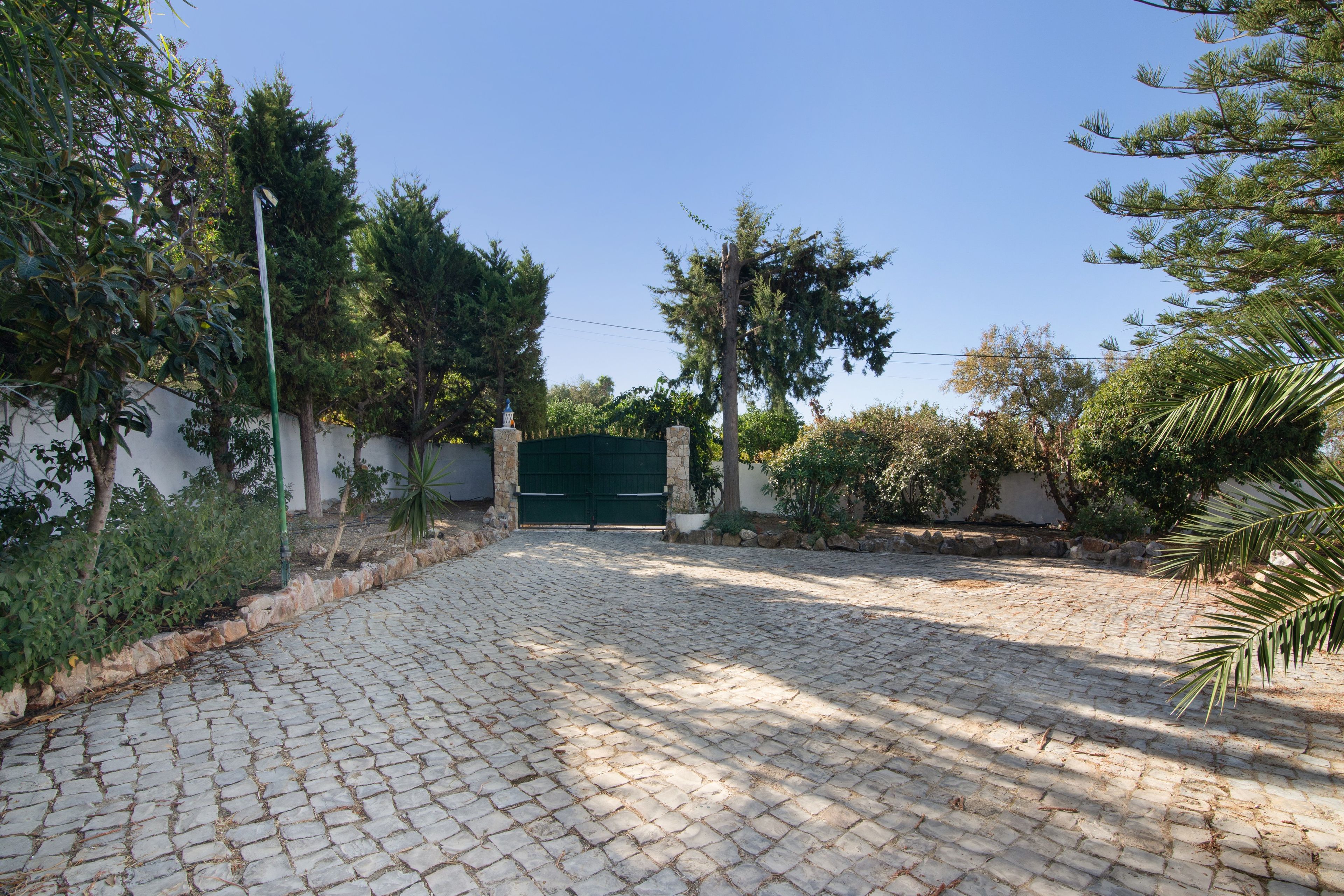 A paved courtyard with a stone wall, a green gate, and surrounding greenery.