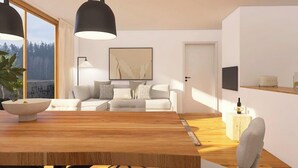 Un salon moderne avec une table à manger en bois, un ensemble de canapés, une grande fenêtre et un tableau accroché au mur.