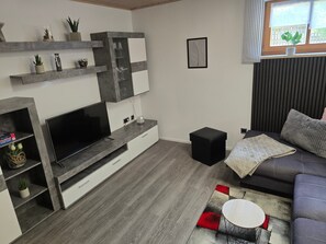 A modern living room with a flat-screen TV, built-in shelving, a black ottoman, and a grey sofa with a patterned rug. - Apartment "Gabi" – Comfortable Stay in Hahnbach for up to 3 Guests (Hahnbach)