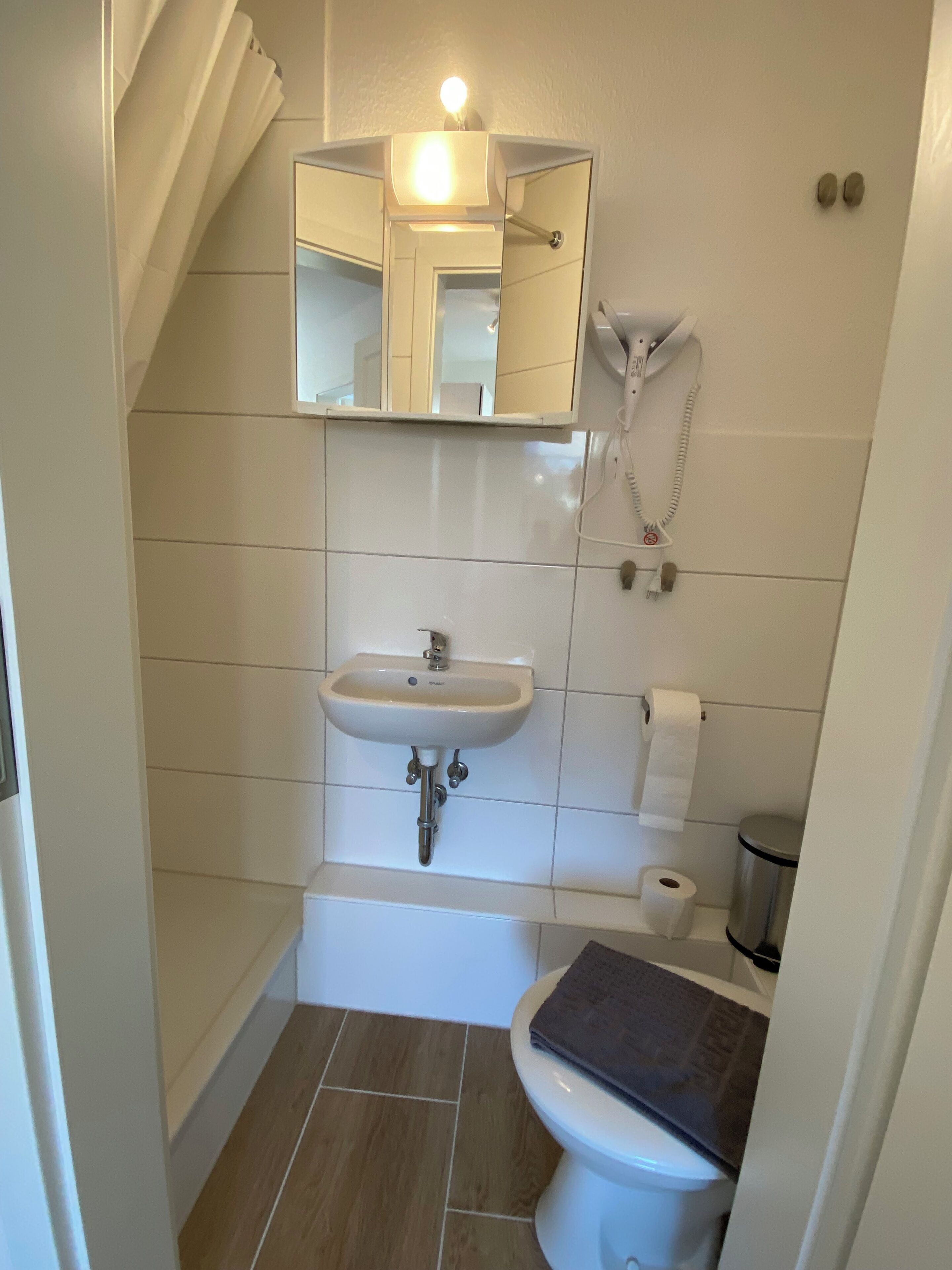 Shower, towels, toilet paper