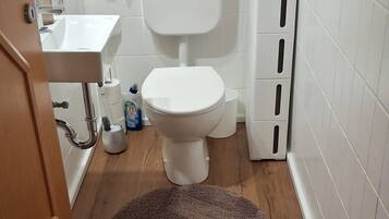 Een badkamer met toilet, wastafel en een kleine plant in een pot op de vensterbank.