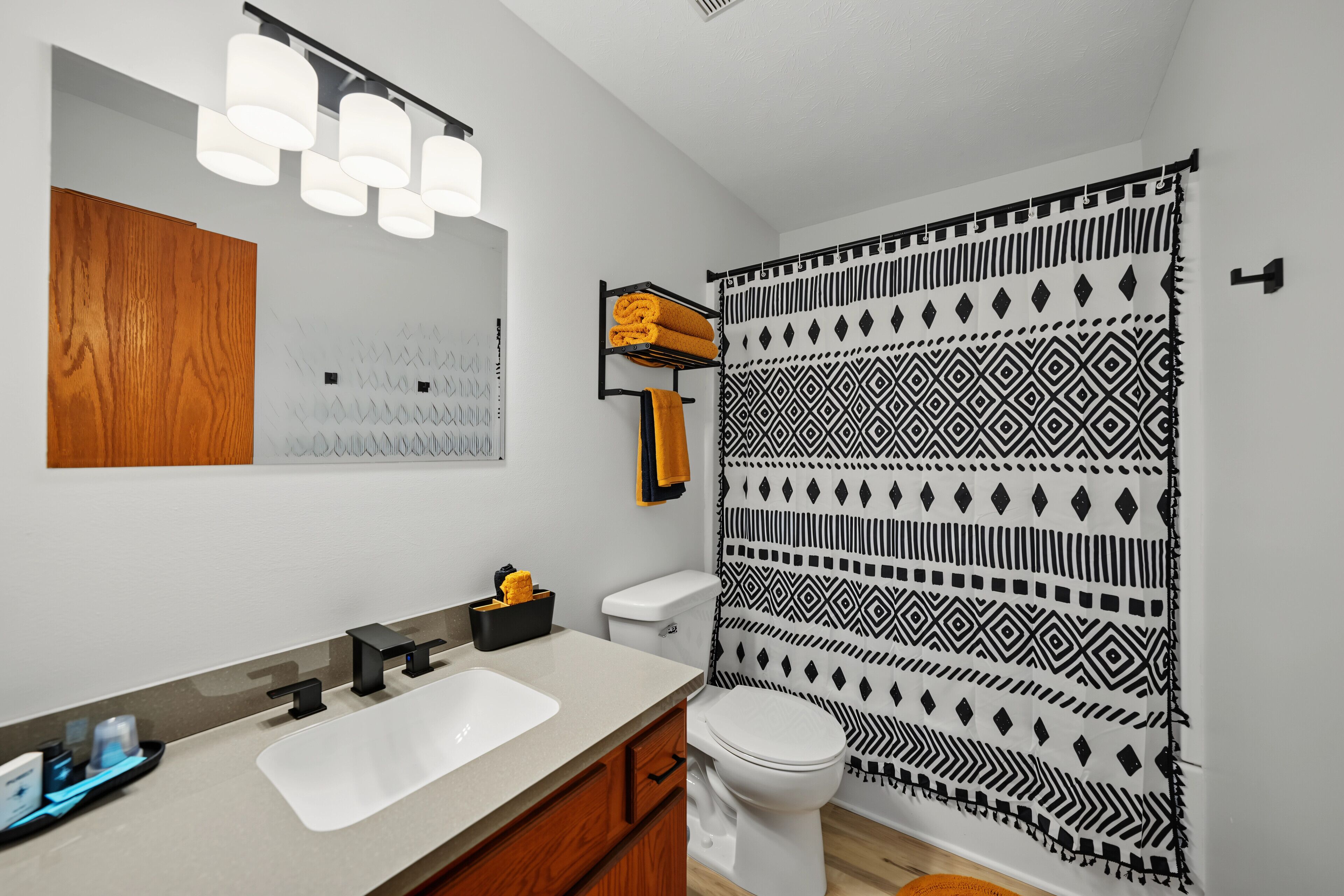 Hair dryer, towels, soap, shampoo