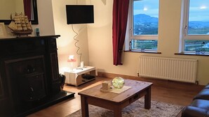 Een woonkamer met een open haard, een aan de muur bevestigde televisie, een houten salontafel en uitzicht op de omgeving door een raam.