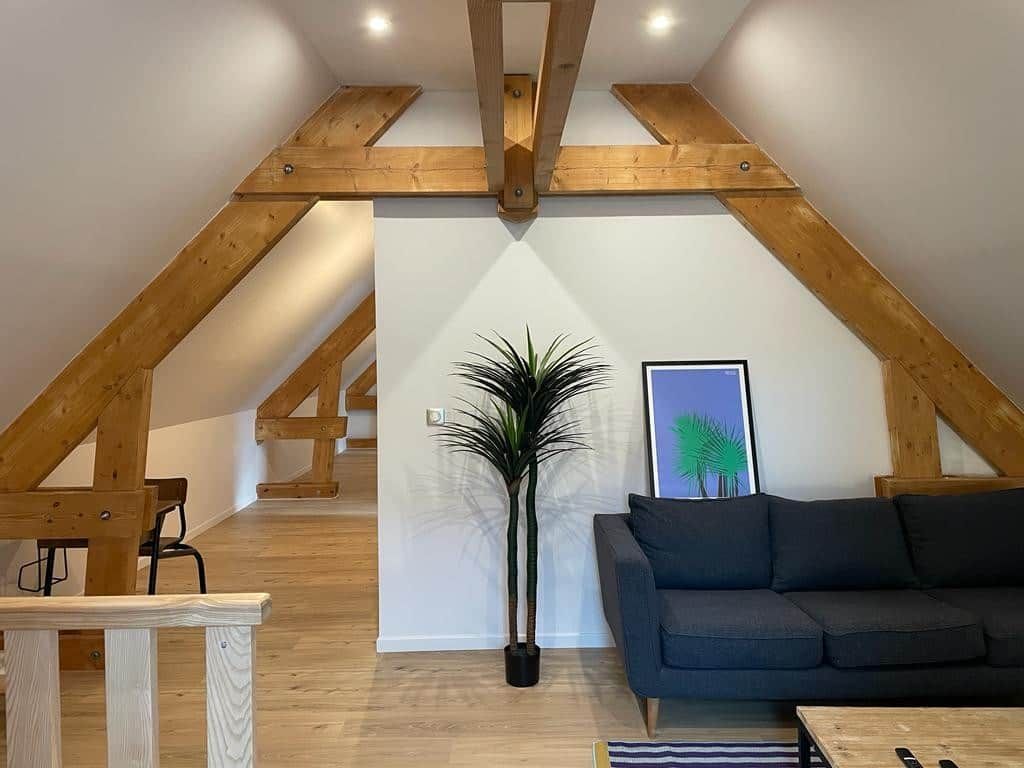 A loft-style room with exposed wooden beams, a dark-colored sofa, a potted plant, and a framed picture on the wall.