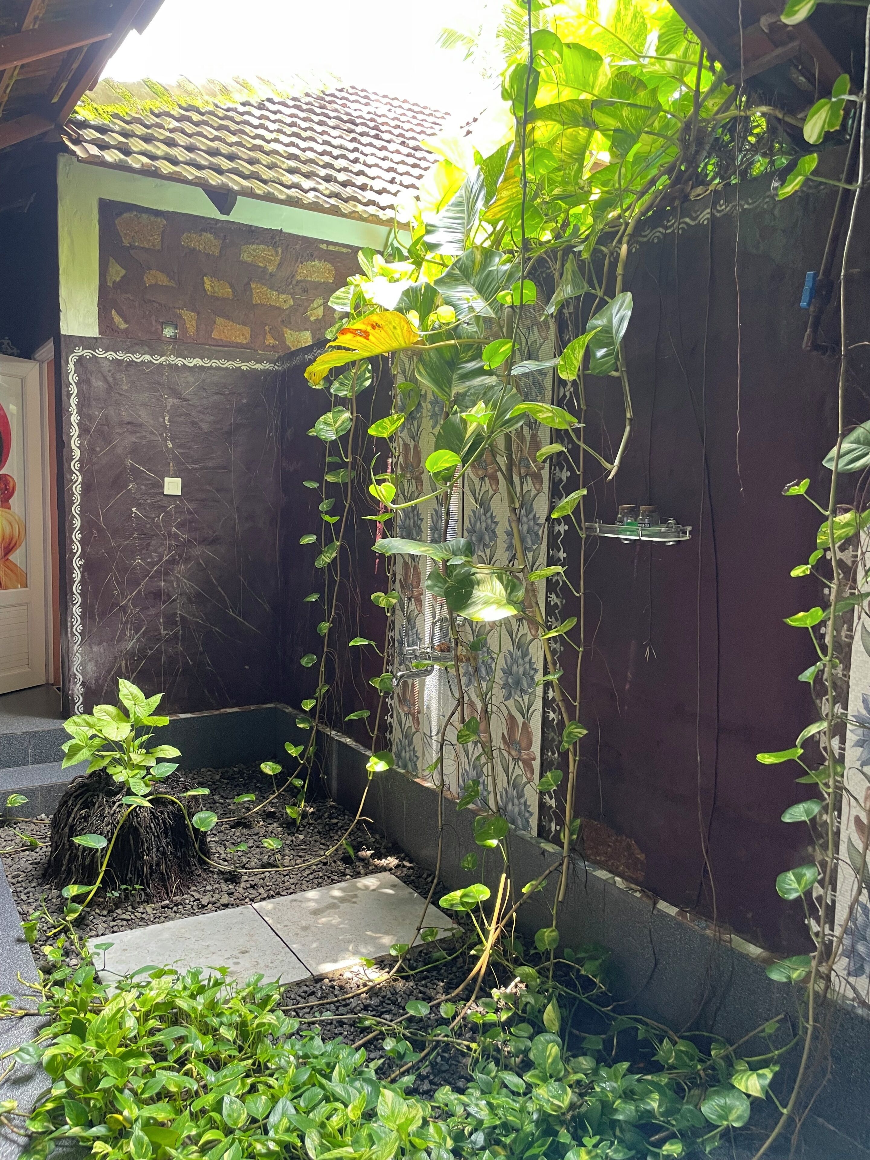 Un jardín con plantas trepadoras, fuente de agua y una estructura con techo de tejas.
