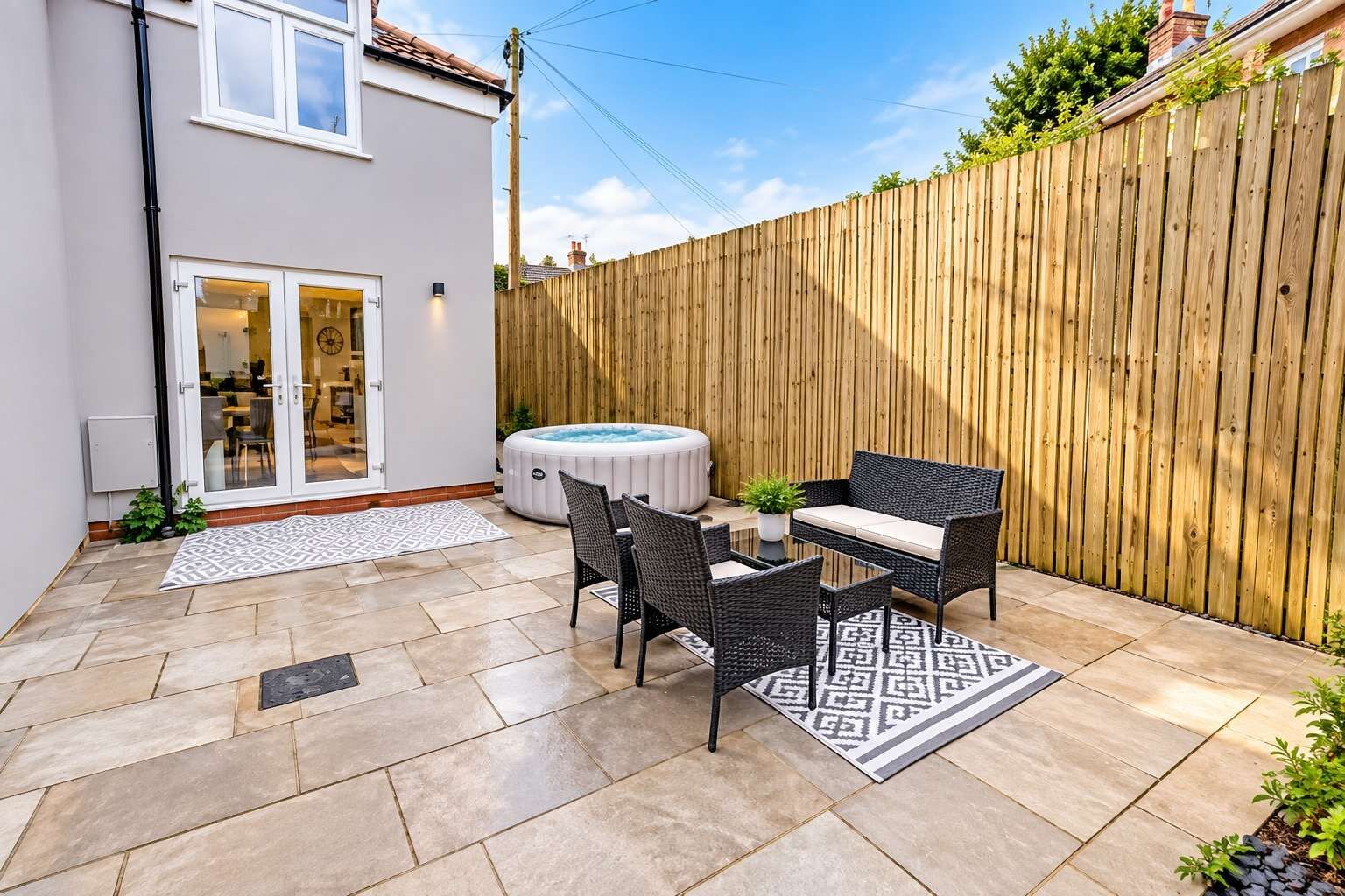 Eine Terrasse mit Whirlpool, Gartenmöbeln und einem Holzzaun.