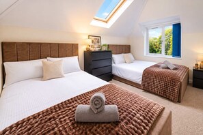 A bedroom with two beds, a skylight, a window with a view, and a bedside table with a lamp.