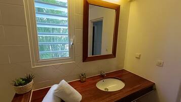 Een badkamer met een houten wastafelmeubel, een wastafel, een spiegel, een raam met zonwering en een kleine plant.